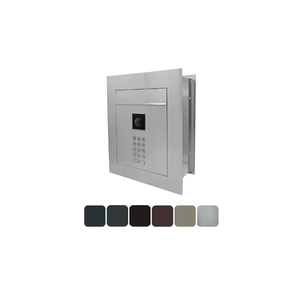 Mała skrzynka na listy z wideodomofonem, klawiaturą mechaniczną i ramą dekoracyjną SMVM X RA