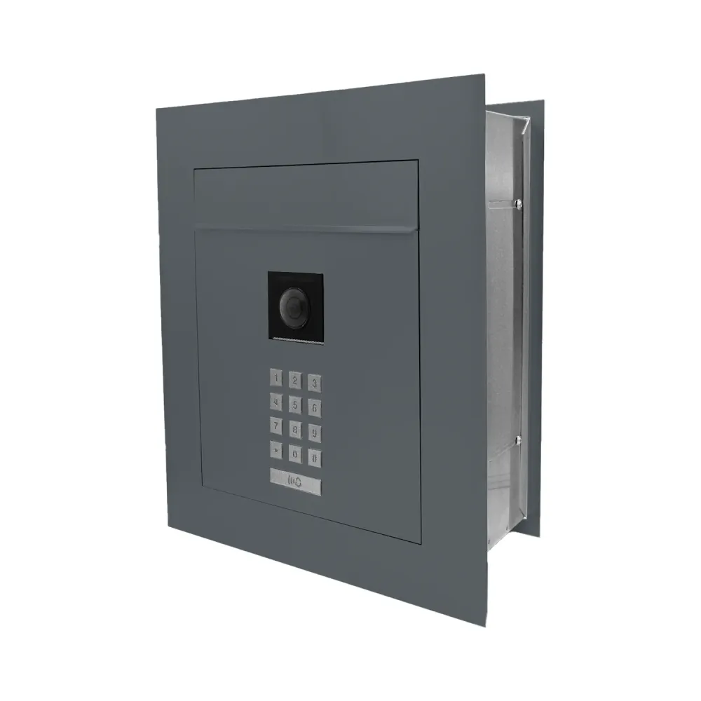 Mała skrzynka na listy z wideodomofonem, klawiaturą mechaniczną i ramą dekoracyjną SMVM X RA